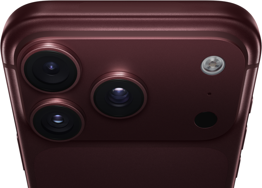 iPhone 18 Pro Max, burgundy color (dark red), back exterior, Pro Fusion camera system at top, 3 lenses, variable aperture blades partially closed, flash, microphone and LiDAR Scanner, top exterior, cellular antenna, flat sides, rounded edges