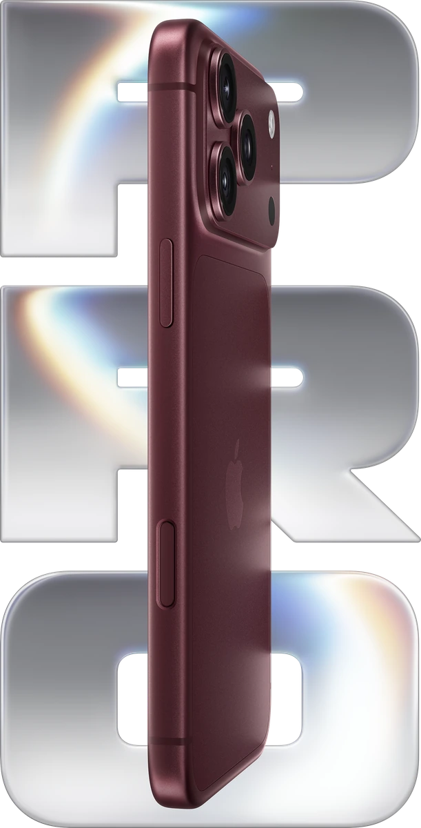 iPhone 18 Pro Max in burgundy, side profile against the Pro graphic